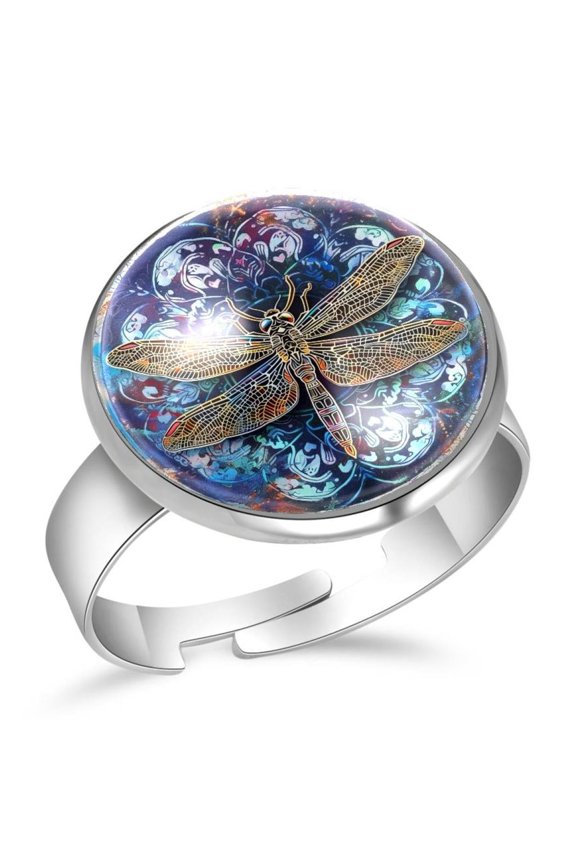 Watercolor Colos Dragonfly Stainless Steel Rings for Women, Open Adjustable Ring Promise Ring Jewelry Gifts