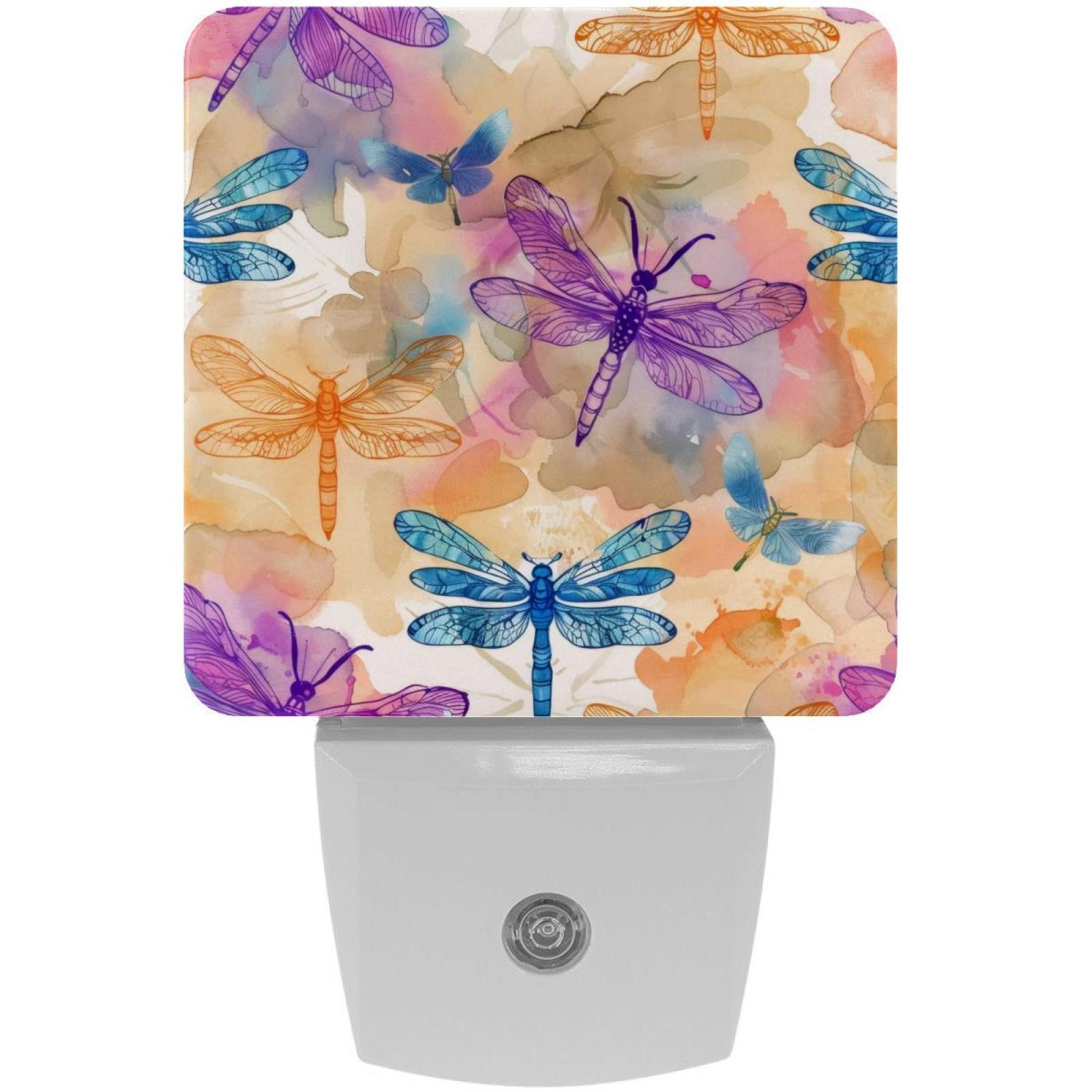PhooArto Watercolor Dragonflies Pattern Plug in LED Night Light Auto Sensor Dusk to Dawn Decorative Night for Bedroom, Bathroom, Kitchen, Hallway, Stairs, Baby's Room, Energy Saving