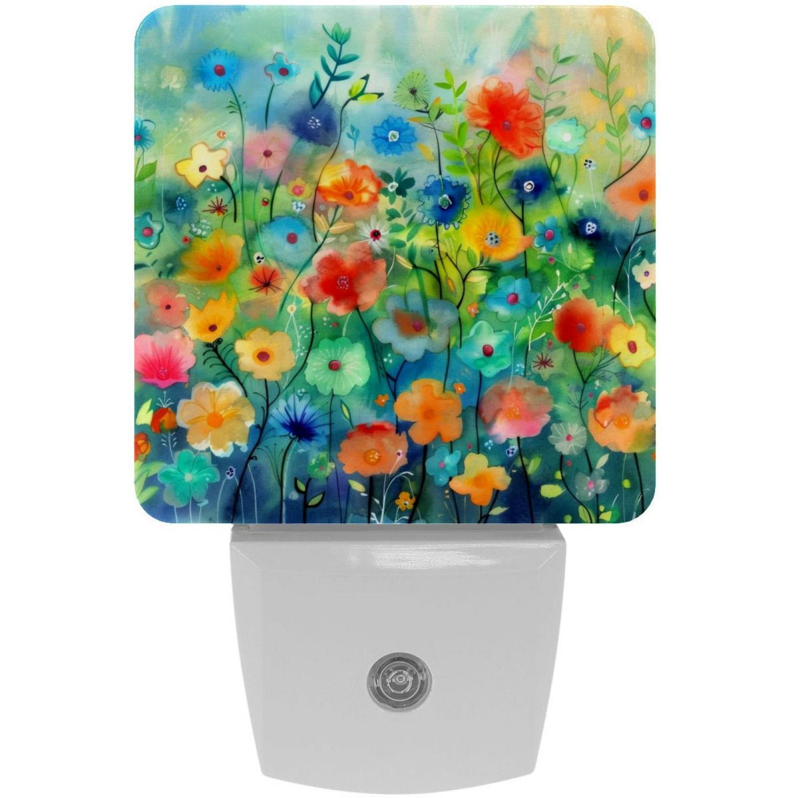 PhooArto Watercolor Floral Colorful Painting Plug in LED Night Light Auto Sensor Dusk to Dawn Decorative Night for Bedroom, Bathroom, Kitchen, Hallway, Stairs, Baby's Room, Energy Saving