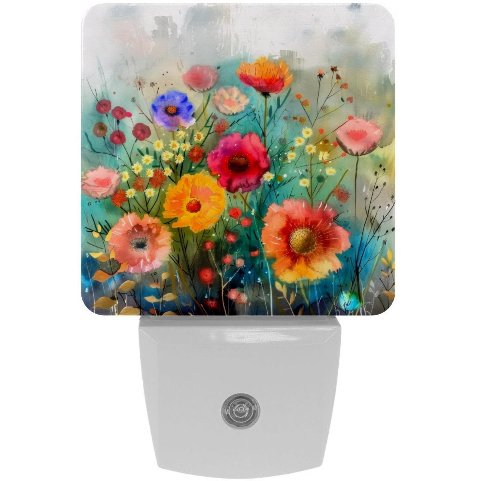 PhooArto Watercolor Floral Painting Plug in LED Night Light Auto Sensor Dusk to Dawn Decorative Night for Bedroom, Bathroom, Kitchen, Hallway, Stairs, Baby's Room, Energy Saving