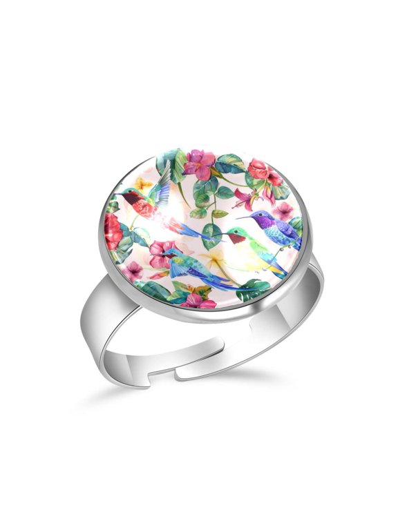 Watercolor Flowers Bird Pattern Stainless Steel Rings for Women, Open Adjustable Ring Promise Ring Jewelry Gifts