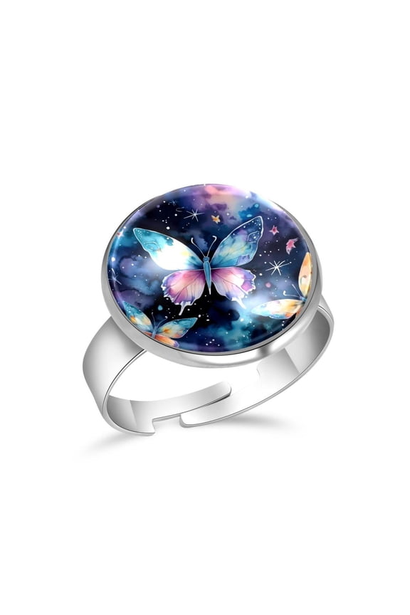 Watercolor Galaxy Butterfly Pattern Stainless Steel Rings for Women, Open Adjustable Ring Promise Ring Jewelry Gifts