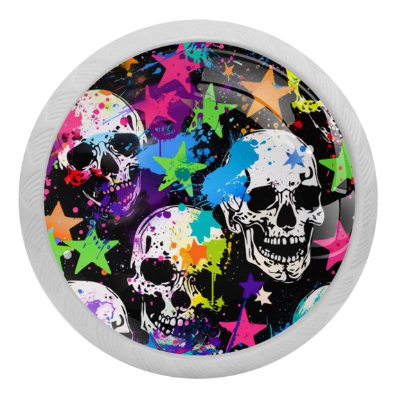 PhooArto Watercolor Splash Skulls Stars 4 PCS Crystal Glass Cabinet Knobs, Drawer Kitchen Cabinets Dresser Cupboard Wardrobe Pulls Handle - Glowing in the Dark