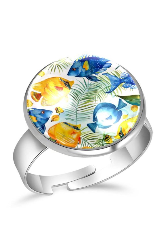 Watercolor Tropical Fish Pattern Stainless Steel Rings for Women, Open Adjustable Ring Promise Ring Jewelry Gifts