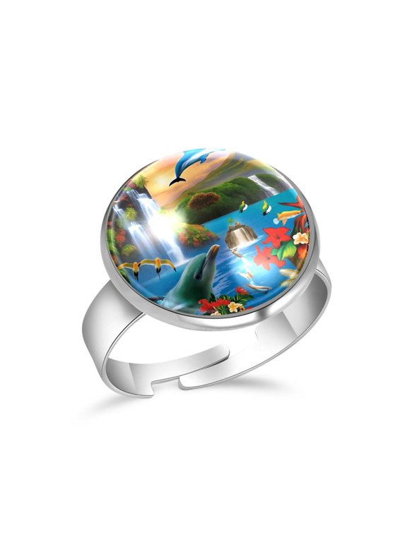 Waterfall and Parrots Dolphins Stainless Steel Rings for Women, Open Adjustable Ring Promise Ring Jewelry Gifts