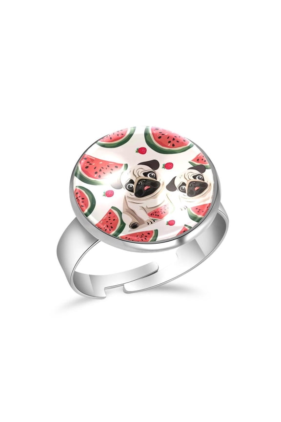 Watermelon Pug Dog Pattern Stainless Steel Rings for Women, Open Adjustable Ring Promise Ring Jewelry Gifts