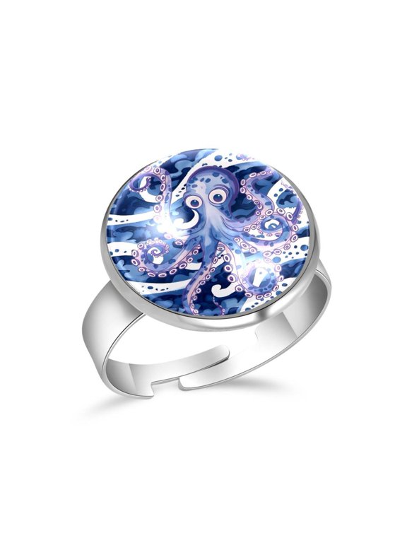 Wave Octopus Pattern Stainless Steel Rings for Women, Open Adjustable Ring Promise Ring Jewelry Gifts