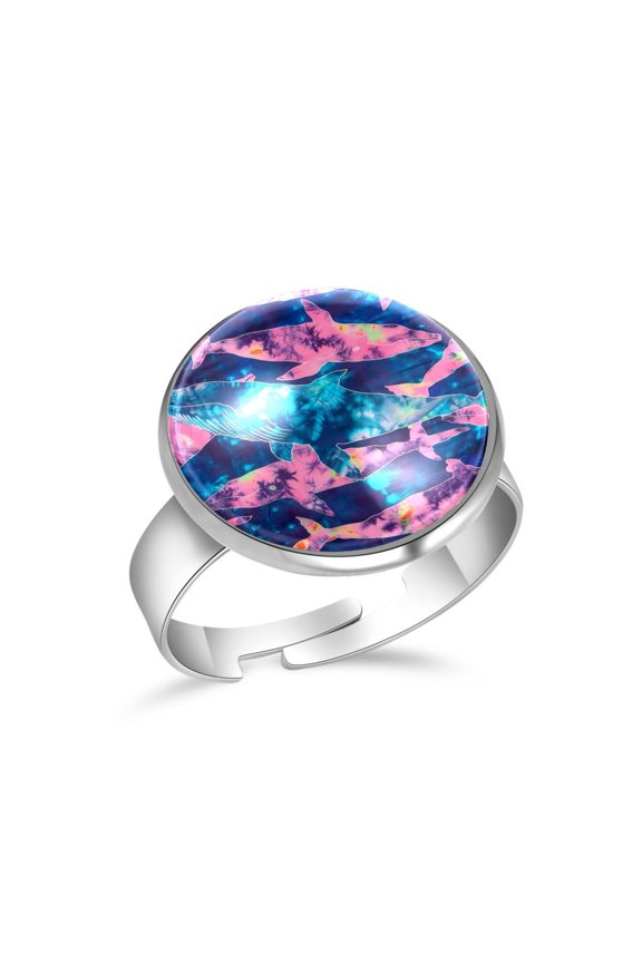 Whale Tie Dye Pattern Stainless Steel Rings for Women, Open Adjustable Ring Promise Ring Jewelry Gifts