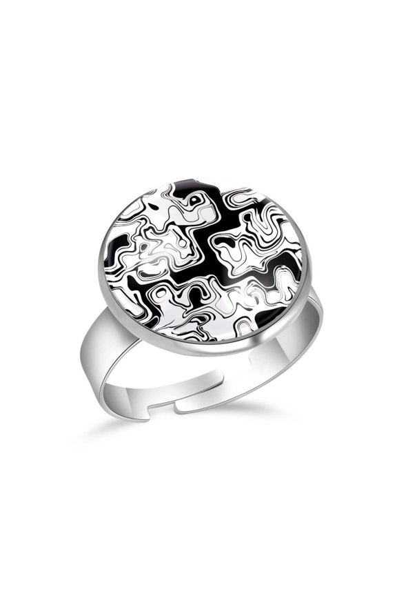 White Black Abstract Pattern Stainless Steel Rings for Women, Open Adjustable Ring Promise Ring Jewelry Gifts