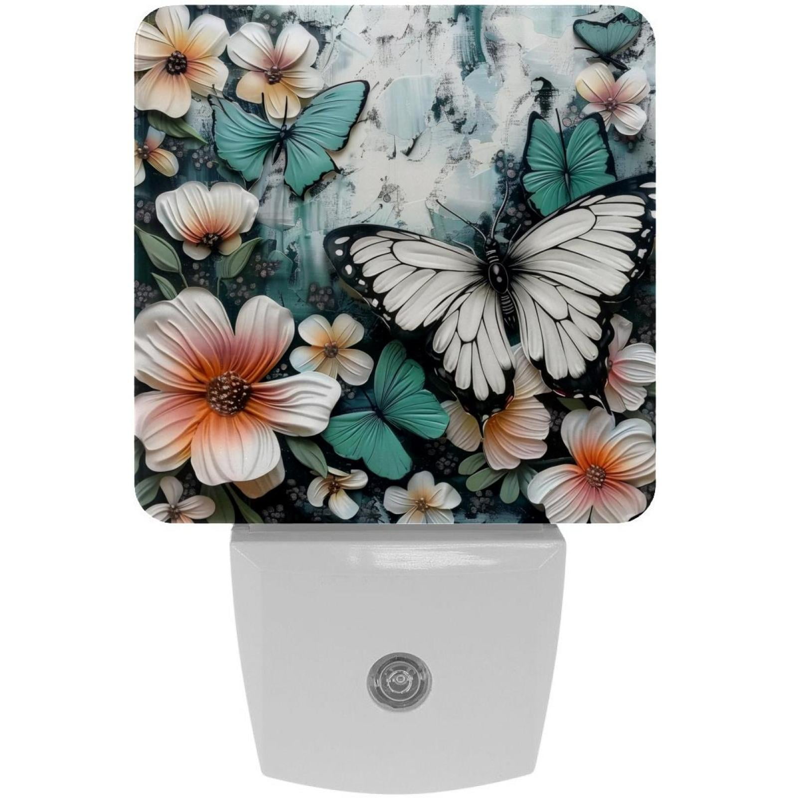 PhooArto White Butterfly Flowers Plug in LED Night Light Auto Sensor Dusk to Dawn Decorative Night for Bedroom, Bathroom, Kitchen, Hallway, Stairs, Baby's Room, Energy Saving