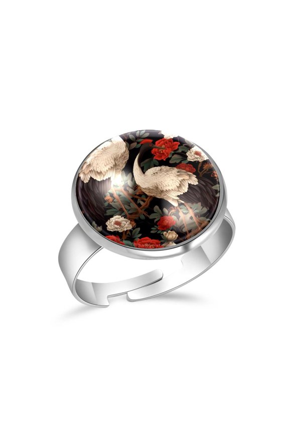 White Crane Red Flower Pattern Stainless Steel Rings for Women, Open Adjustable Ring Promise Ring Jewelry Gifts