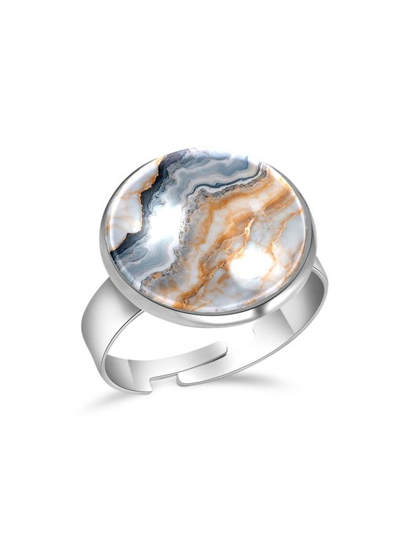 White Gold Marble Print Stainless Steel Rings for Women, Open Adjustable Ring Promise Ring Jewelry Gifts