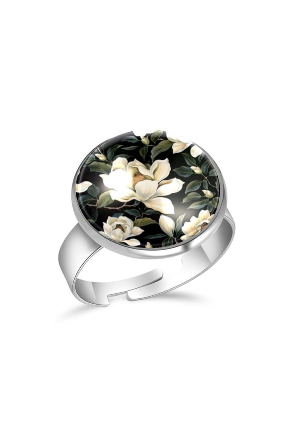 White Magnolias Flower Pattern Stainless Steel Rings for Women, Open Adjustable Ring Promise Ring Jewelry Gifts