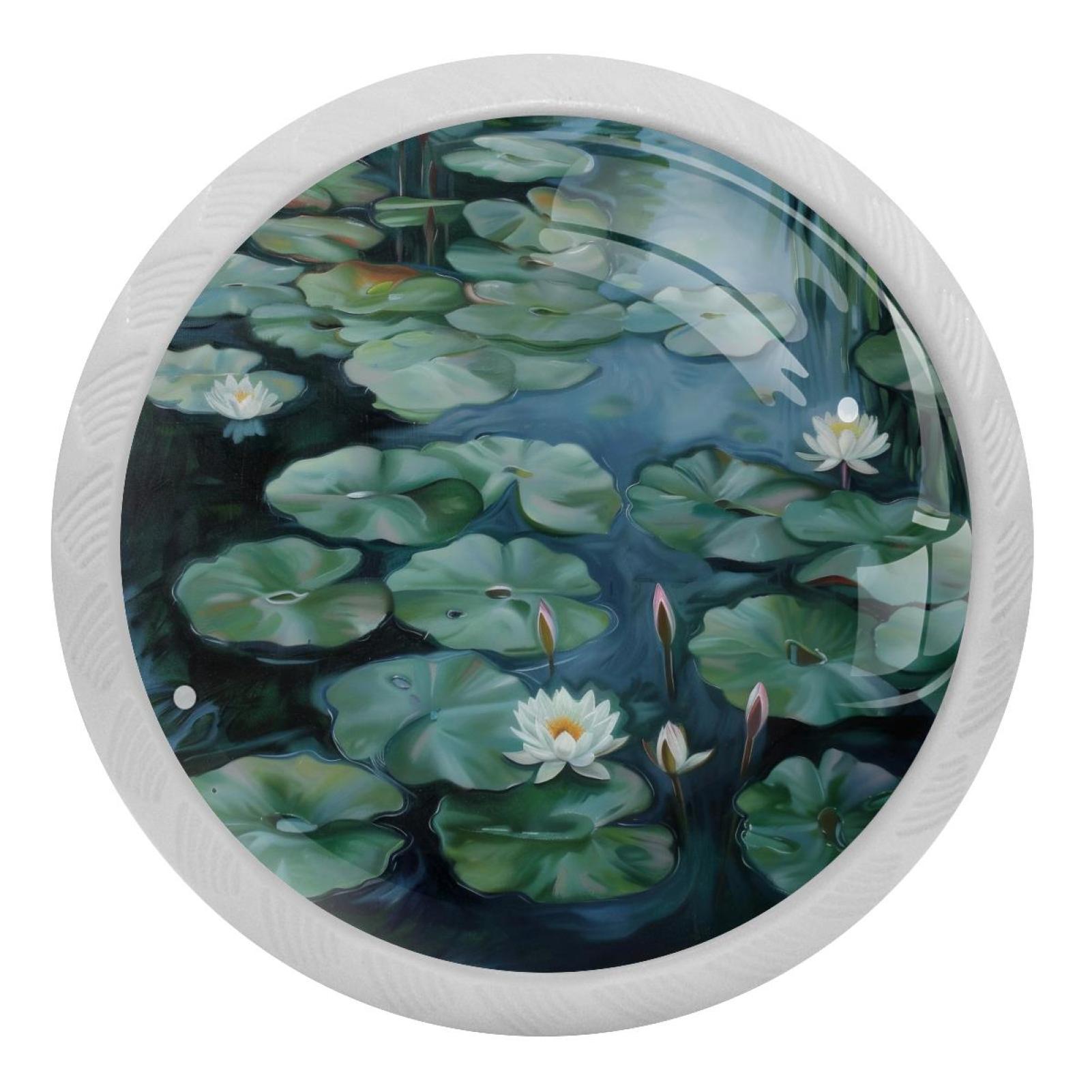 PhooArto White Water Lily Painting 4 PCS Crystal Glass Cabinet Knobs, Drawer Kitchen Cabinets Dresser Cupboard Wardrobe Pulls Handle - Glowing in the Dark