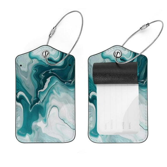 PhooArto White and Teal Marble Print Luggage Tags with Stainless Steel Loop, 2 Pack Luggage Tag Holders for Travel Luggage Baggage Identifier