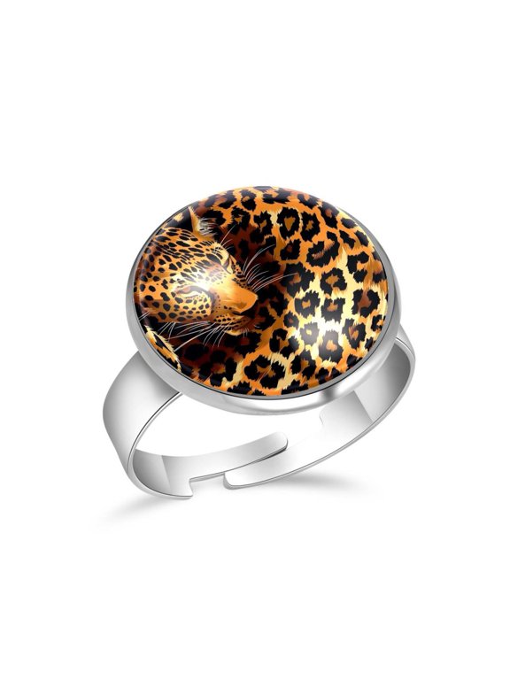 Wild Animal Leopard Pattern Stainless Steel Rings for Women, Open Adjustable Ring Promise Ring Jewelry Gifts