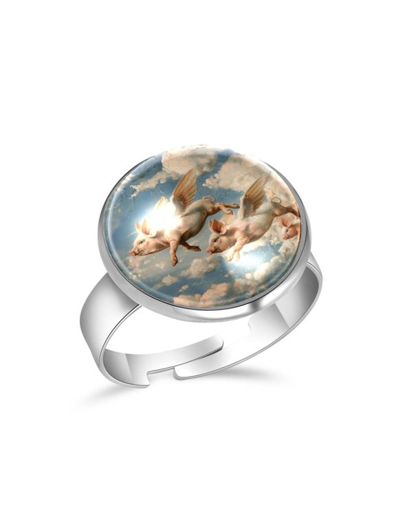 Wings Piglets Flying in the Sky Stainless Steel Rings for Women, Open Adjustable Ring Promise Ring Jewelry Gifts