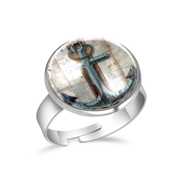 PhooArto Wooden Board Blue Anchor Stainless Steel Rings for Women, Open Adjustable Ring Promise Ring Jewelry Gifts