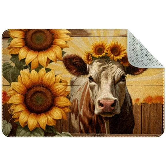 PhooArto Wooden Board Cow Sunflower Wreath Indoor Door Mat, Non-Slip Absorbent Doormat Inside Floor Mats Area Rug for Entryway, Machine Washable Entrance Rug Outdoor 35x24in