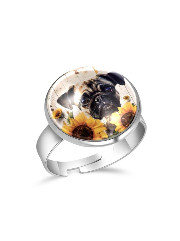 Wooden Board Sunflower Pug Dog Stainless Steel Rings for Women, Open Adjustable Ring Promise Ring Jewelry Gifts