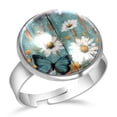 thumbnail image 1 of PhooArto Wooden Board Teal Daisy Butterfly Pattern Stainless Steel Rings for Women, Open Adjustable Ring Promise Ring Jewelry Gifts, 1 of 5