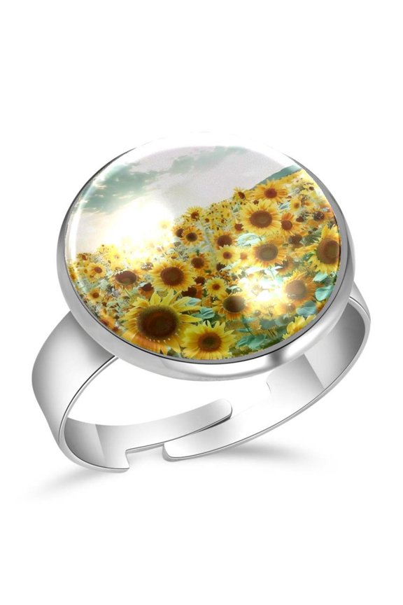 Yellow Floral Sunflowers Field Stainless Steel Rings for Women, Open Adjustable Ring Promise Ring Jewelry Gifts