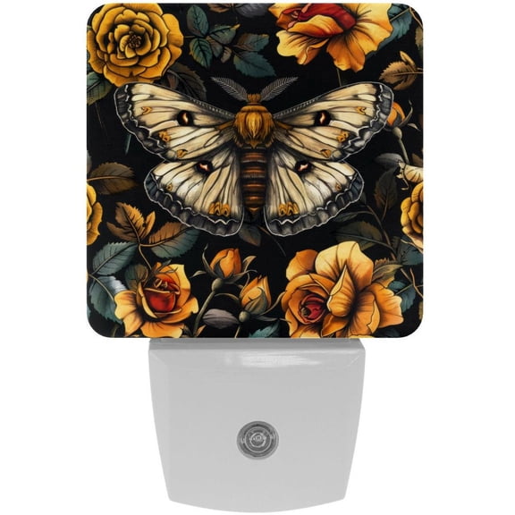 PhooArto Yellow Flower Skull Hawk Moth Plug in LED Night Light Auto Sensor Dusk to Dawn Decorative Night for Bedroom, Bathroom, Kitchen, Hallway, Stairs, Baby's Room, Energy Saving