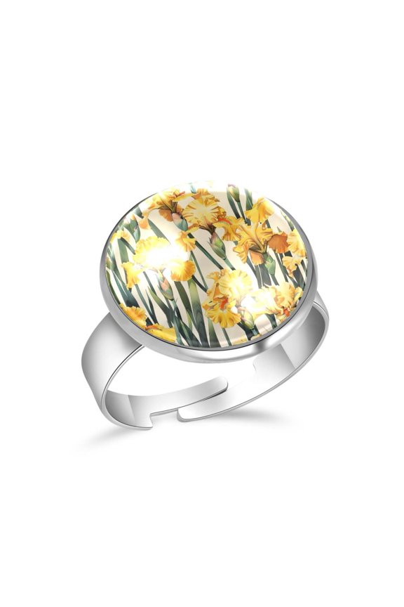 Yellow Iris Floral Pattern Stainless Steel Rings for Women, Open Adjustable Ring Promise Ring Jewelry Gifts