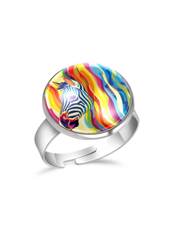 Zebra Rainbow Print Stainless Steel Rings for Women, Open Adjustable Ring Promise Ring Jewelry Gifts