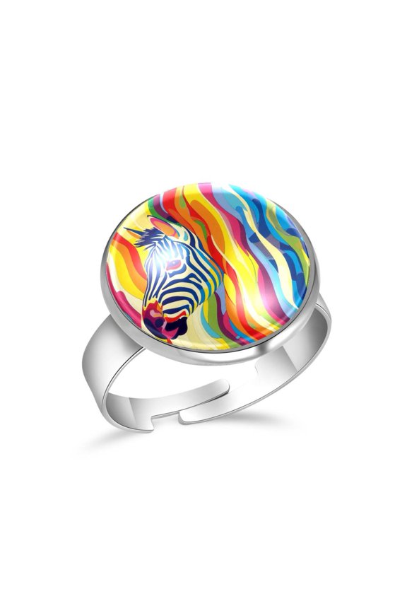 Zebra Rainbow Print Stainless Steel Rings for Women, Open Adjustable Ring Promise Ring Jewelry Gifts