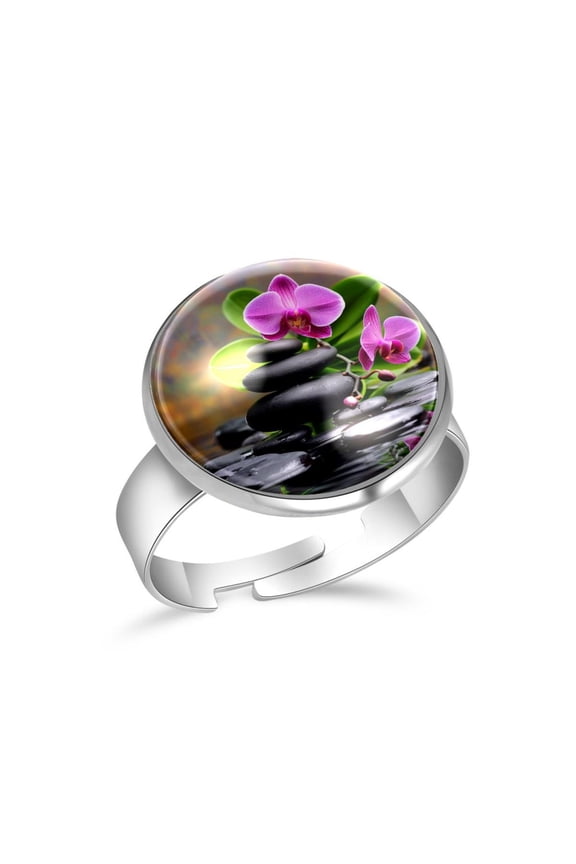 Zen Basalt Stone Orchid Stainless Steel Rings for Women, Open Adjustable Ring Promise Ring Jewelry Gifts