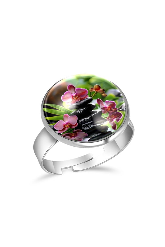 Zen Basalt Stones and Orchid Stainless Steel Rings for Women, Open Adjustable Ring Promise Ring Jewelry Gifts