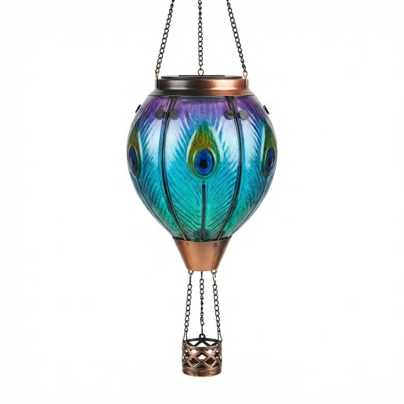 Phopollo Hot Air Balloon Solar Lanterns with Hooks, Glass Outdoor Hanging Lanterns with Flickering Flame Effect, Outdoor Waterproof Decor for Garden, Tree, Yard & Patio, Peacock-Blue