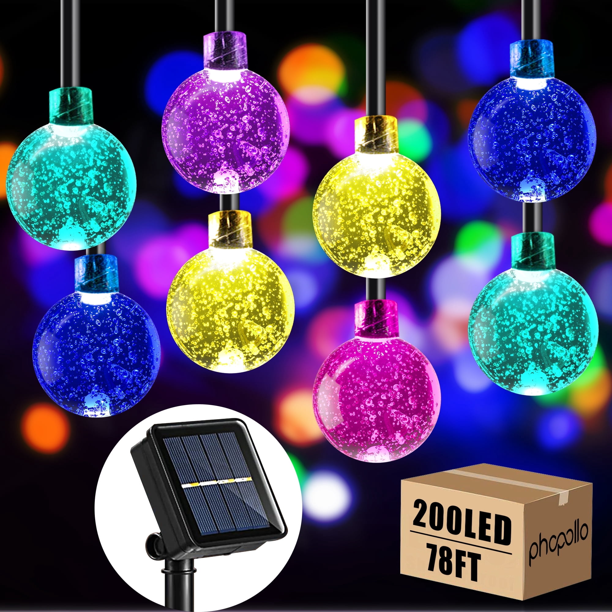 Phopollo Solar Outdoor String Lights，78Ft Multicolor 200 LED Bulbs Crystal Globe Lights,IP65 Waterproof, 8 Lighting Modes，Solar Powered Patio Lights for Garden Yard Porch Wedding Party Decor.
