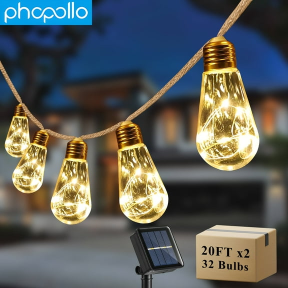 Phopollo Solar Outdoor String Lights,Vintage Rope Hemp 40FT(20FT*2),32(16*2) Bulbs Shatterproof,Warm White 8 lighting Modes,Solar Powered String Lights for Fence,Yard,Camping