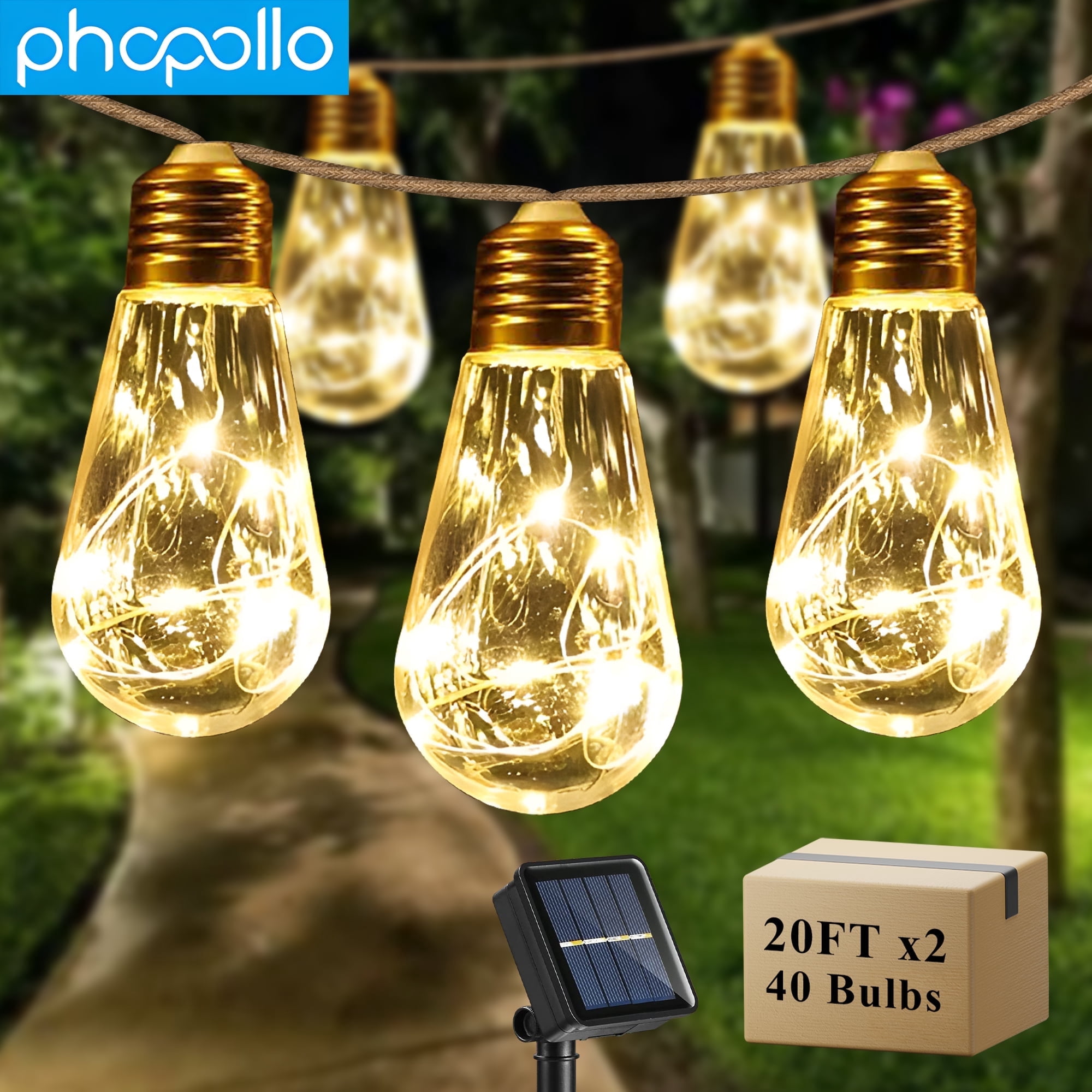 Phopollo Solar Outdoor String Lights,Vintage Rope Hemp 40FT,40 Bulbs Shatterproof,Warm White 8 lighting Modes,Solar Powered String Lights for Fence,Yard,Camping