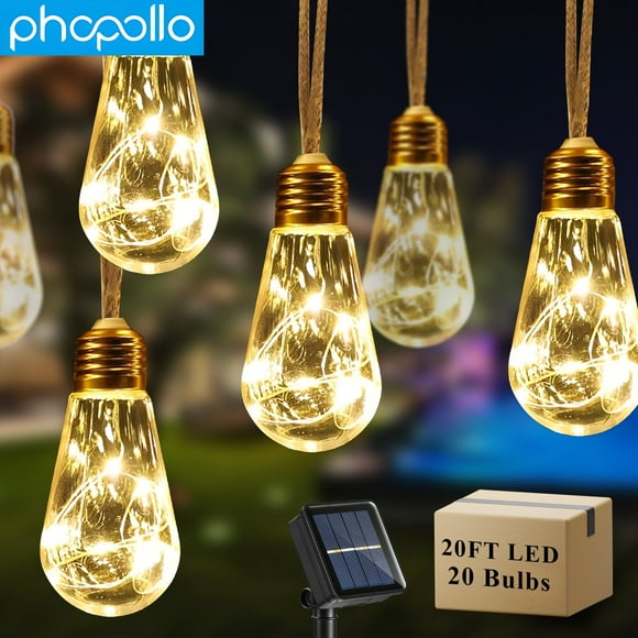 Phopollo Solar Outdoor String Lights,Vintage Rope Hemp 20FT,20 Bulbs Shatterproof,Warm White 8 lighting Modes,Solar Powered String Lights for Fence,Yard,Camping