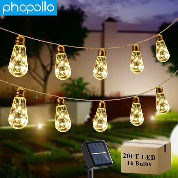 Phopollo Solar Outdoor String Lights,Vintage Rope Hemp 20FT,16 Bulbs Shatterproof,Warm White 8 lighting Modes,Solar Powered String Lights for Fence,Yard,Camping