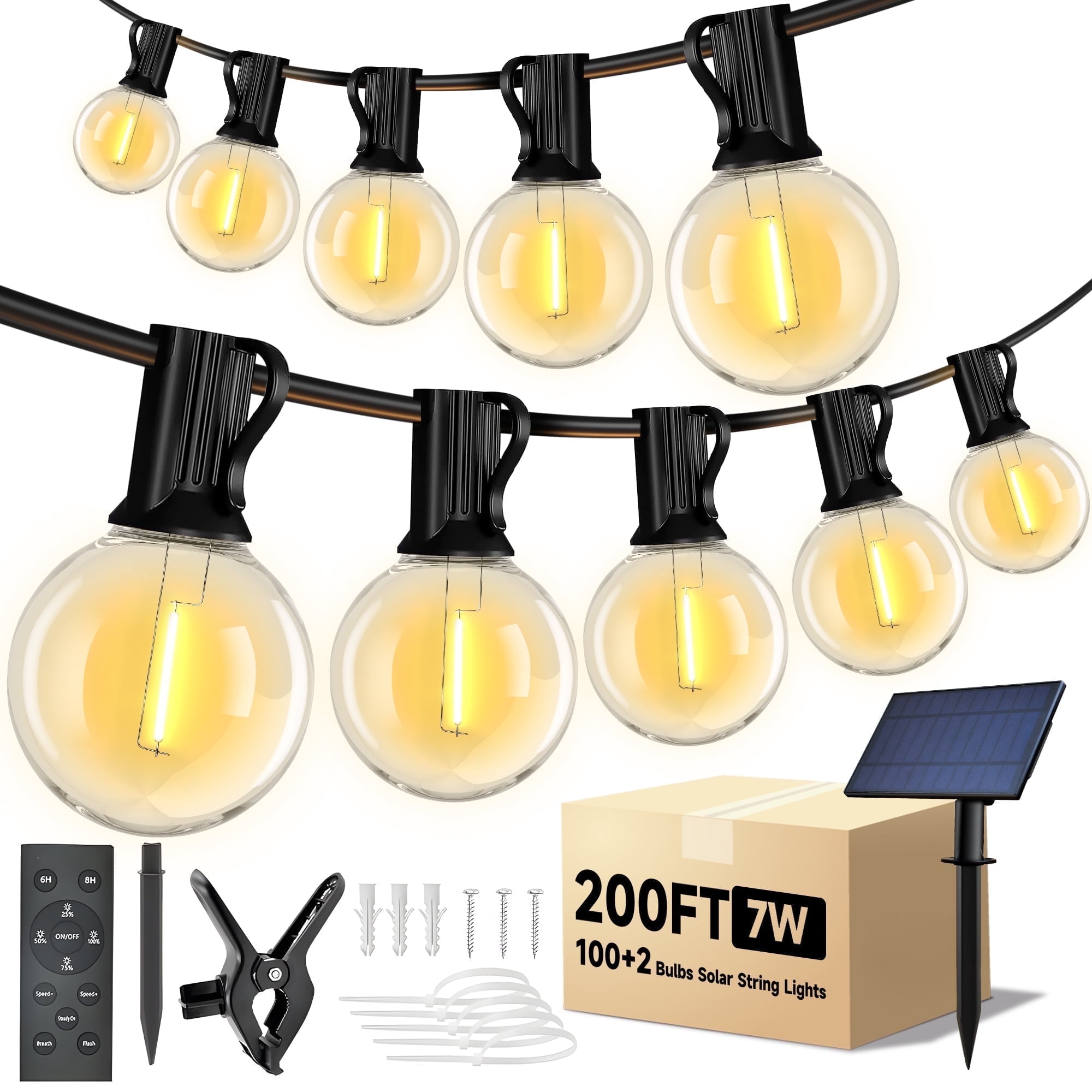 Phopollo Solar String Lights, G40 200FT Outdoor Lights 100 Shatterproof Bulbs, Patio String Remote control, USB powered, Waterproof Hanging Lights for Backyard Garden Porch Decor