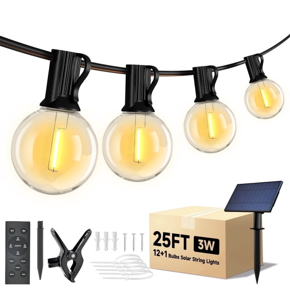 Phopollo Outdoor Solar String Lights, G40 25FT String Lights 12 Shatterproof Bulbs, Remote control, USB powered, Waterproof Hanging Lights for Backyard Garden Porch Decor