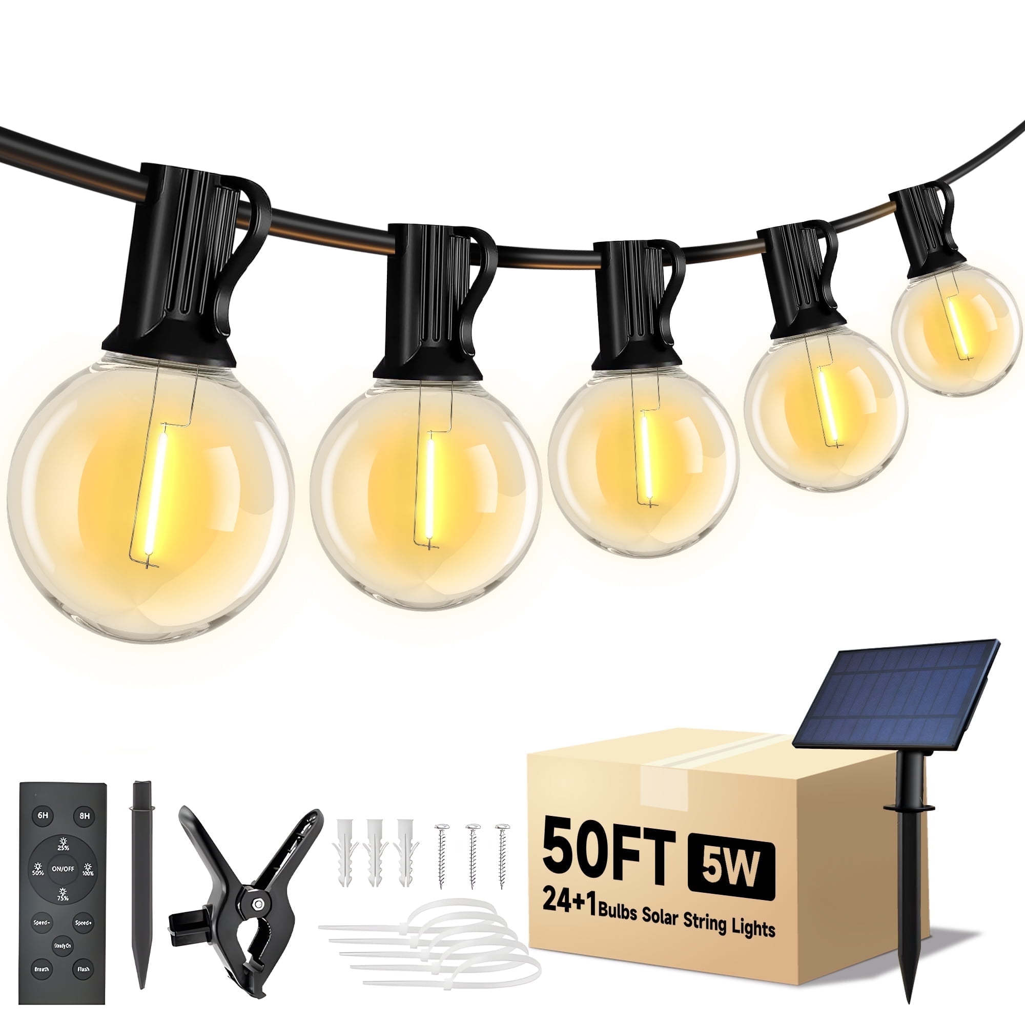 Phopollo Solar Outdoor Lights, G40 50FT Patio Lights 25 Shatterproof Bulbs,Remote control,USB powered,Waterproof Hanging Lights for Backyard Garden Porch Decor