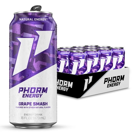 Phorm Sugar Free Energy Drink, Grape Smash Flavor, 16 fl oz Cans, 12 Pack, 200mg Caffeine