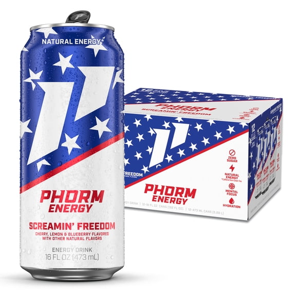 Phorm Sugar Free Energy Drink, Screamin' Freedom Flavor, 16 fl oz Cans, 12 Pack, 200mg Caffeine