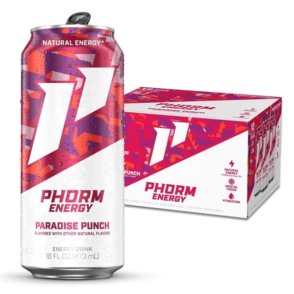 Phorm Sugar Free Energy Drink, Paradise Punch Flavor, 16 fl oz Cans, 12 Pack, 200 MG Natural Caffeine