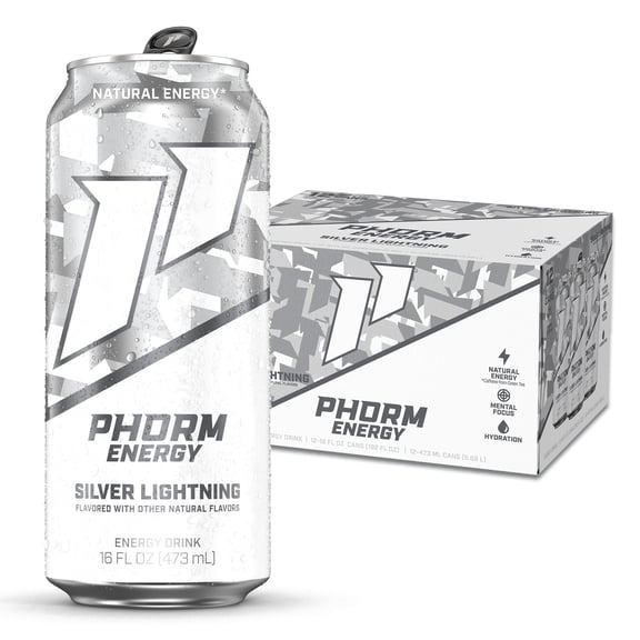 Phorm Sugar Free Energy Drink, Silver Lightning Flavor, 16 fl oz Cans, 12 Pack, 200 MG Natural Caffeine