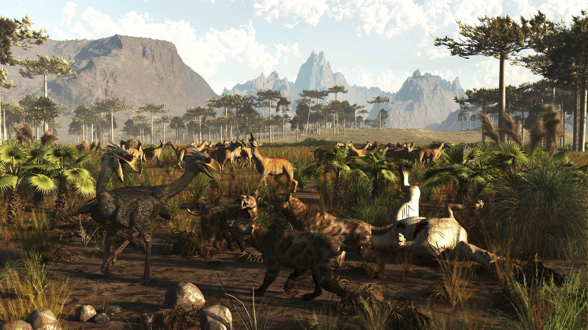 Phorusrhacos Smilodons and Macrauchenia in ancient Argentina 2 million years ago Canvas Art - Arthur DoretyStocktrek Images (19 x 11)