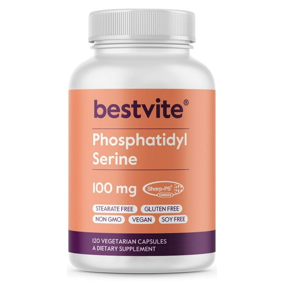 BESTVITE Phosphatidylserine 100mg (120 Vegetarian Capsules) with Sharp-PS Green - Patented and Clinically Tested - Strearate Free - Soy Free - Gluten Free - Vegan - Non GMO