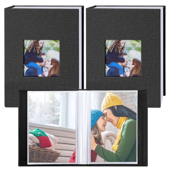 2 Packs Photo Album 4x6 100 Pockets , Small Mini Capacity Linen Photo Album Bulk Sets, Each Pack Holds 100 Top Loader Vertical Only Picture for Kids Boy Girls Black
