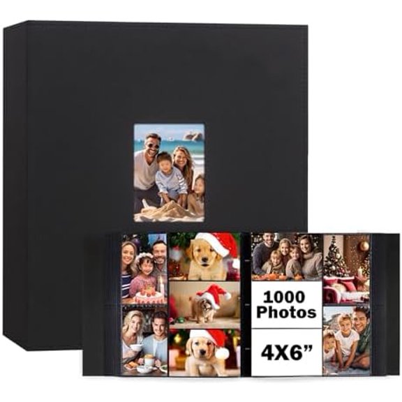 Photo Album 4x6 1000 Pockets, Extra Large Capacity Linen Cover with Front Window 4 x 6 Picture Album Holds 1000 Horizontal and Vertical Photos, Acid-free Pages 4x6 Wedding Family Photo Album (Black)