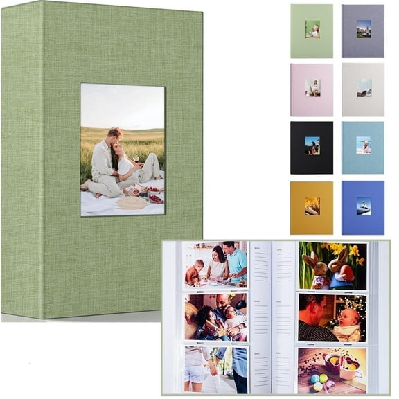 Photo Album 4x6 300 Photos with Writing Space,4 x 6 Photo Book Linen Cover with Front Window, 4x6 Picture Album, 300 Photos Photo Album Book for Wedding Kids Travel Family Baby Pictures (Green)